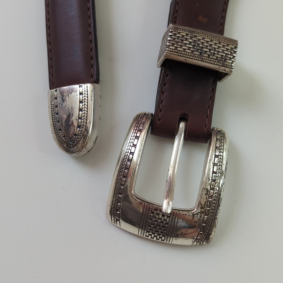 Vintage 1993 Onyx by Brighton Leather Belt 38 Silver Western  Onyx by Brighton 1993 Vintage Classic Western Genuine Leather Belt Dark Brown 46